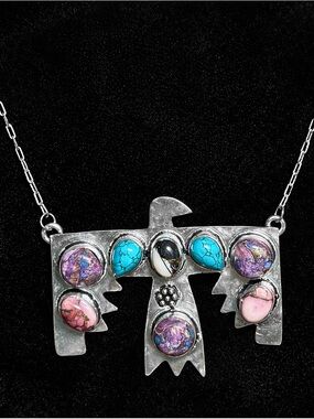 Southwestern Thunderbird Statement Necklace Silver Plated Multi Stone Boho West